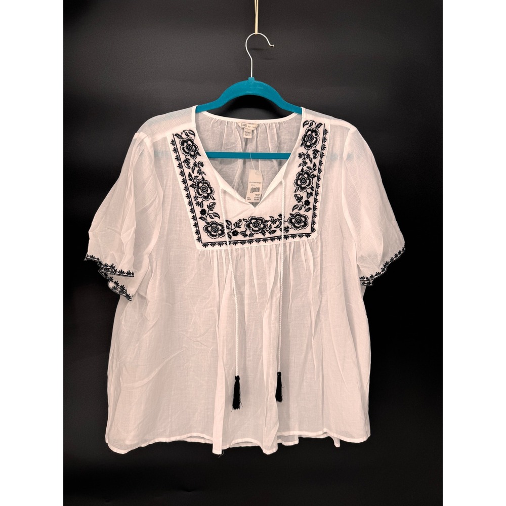 Cato Blouse Women 18/20 White NWT Floral Embroidered Boho Tassel Cotton Gauze